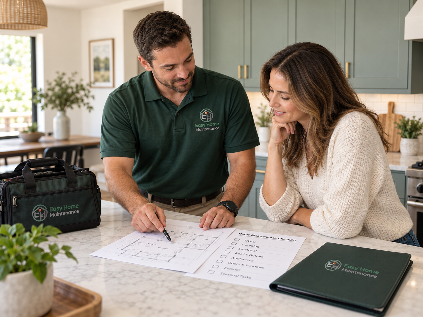 Easy Home Maintenance professional reviewing a home maintenance checklist with a homeowner at a kitchen counter
