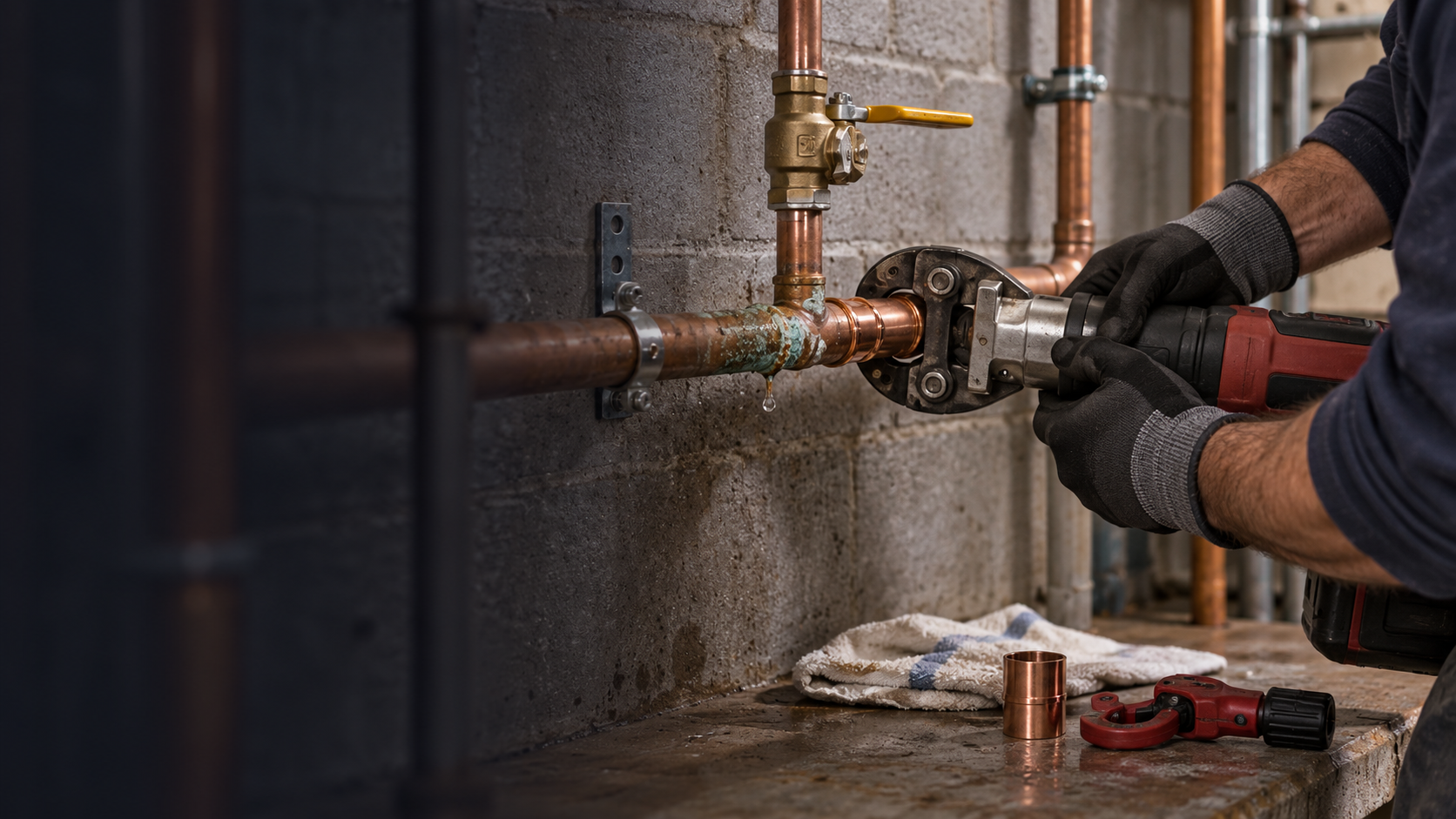 Plumber repairing copper water pipes in a utility area
