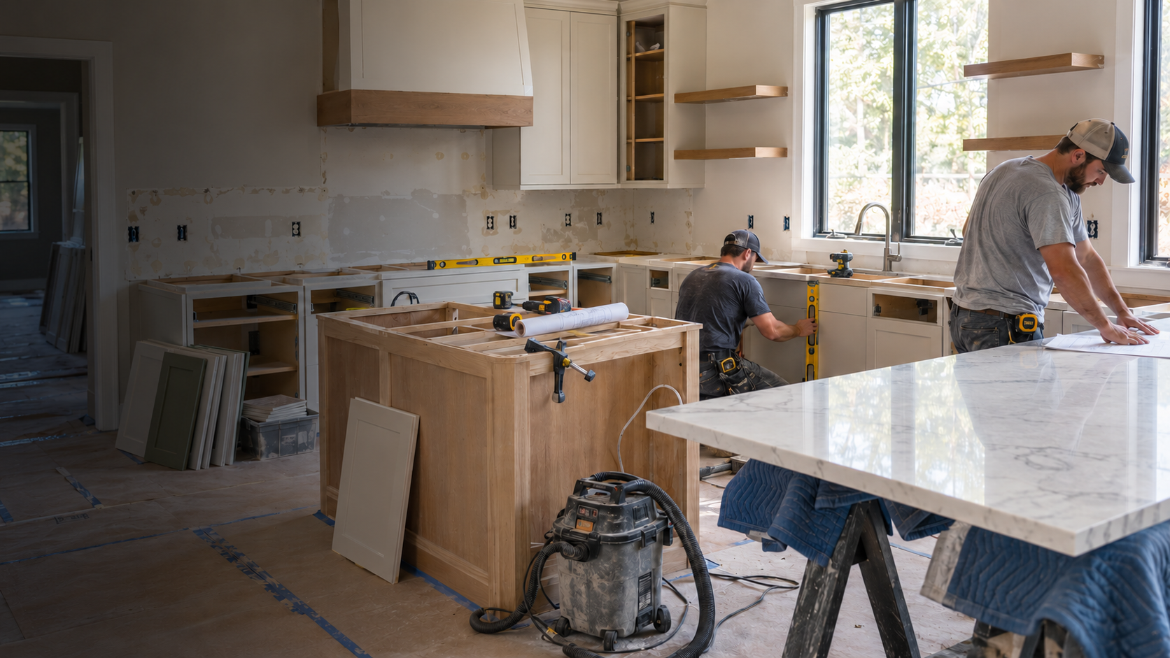 Two professionals installing cabinets and countertops during a kitchen renovation