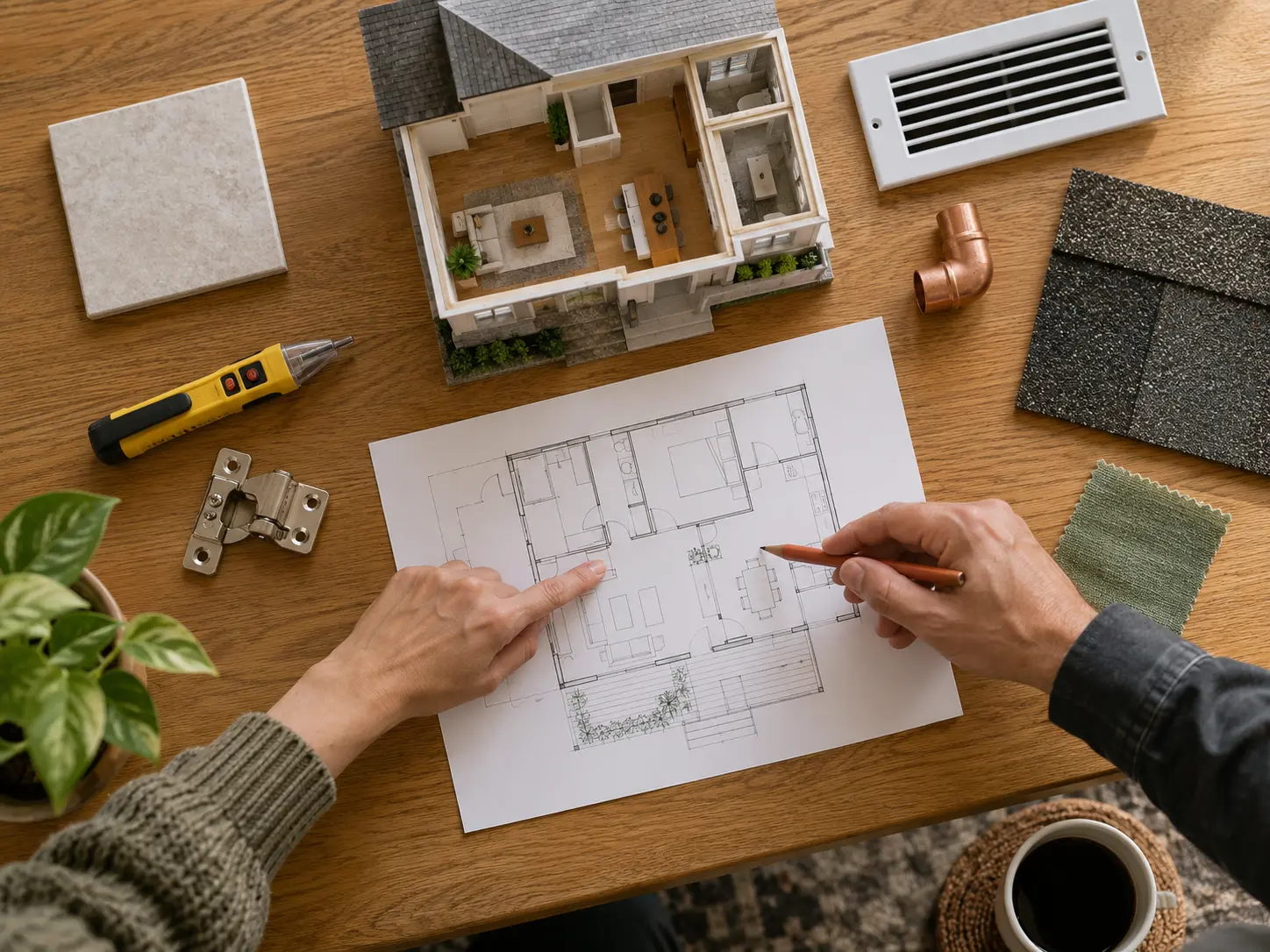 Homeowners reviewing a floor plan with home maintenance materials