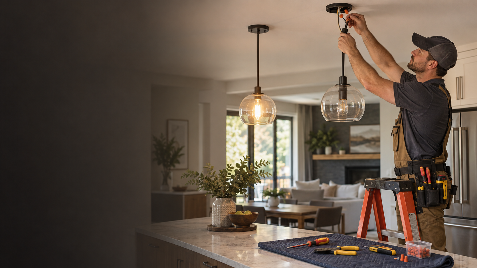 Electrician installing pendant lighting in a modern kitchen
