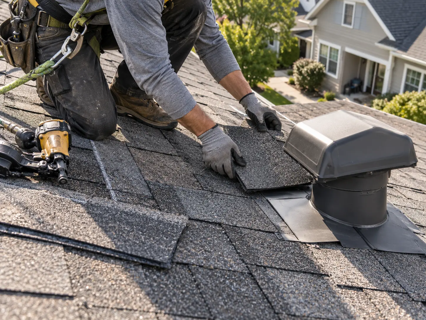 Roofing professional fitting shingles around a roof vent