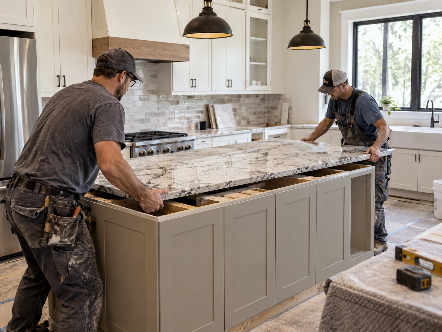 Home service professionals installing a kitchen island countertop