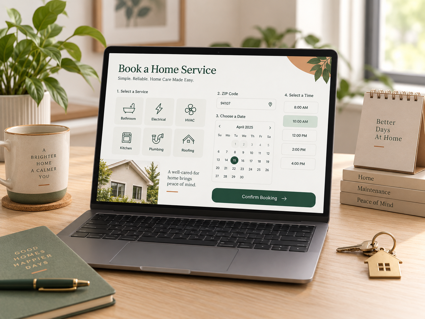 Homeowner booking a home maintenance service on a laptop in a bright room