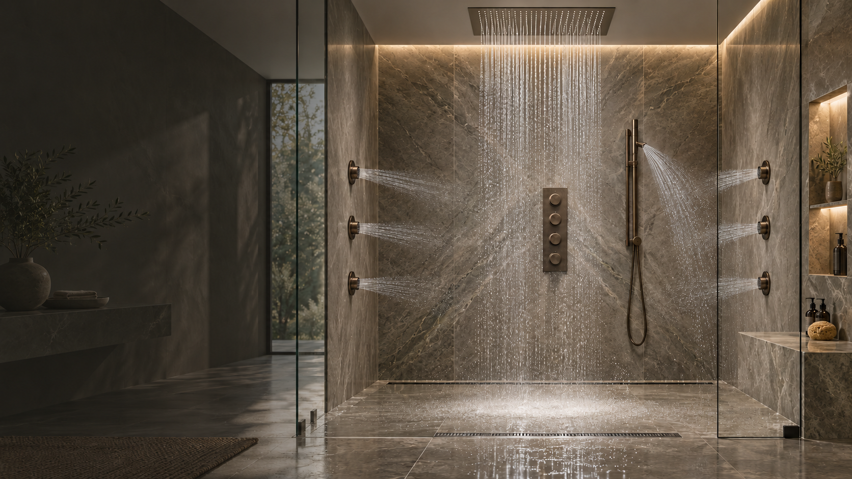 Modern walk-in shower with rainfall and body jets in a marble tiled bathroom