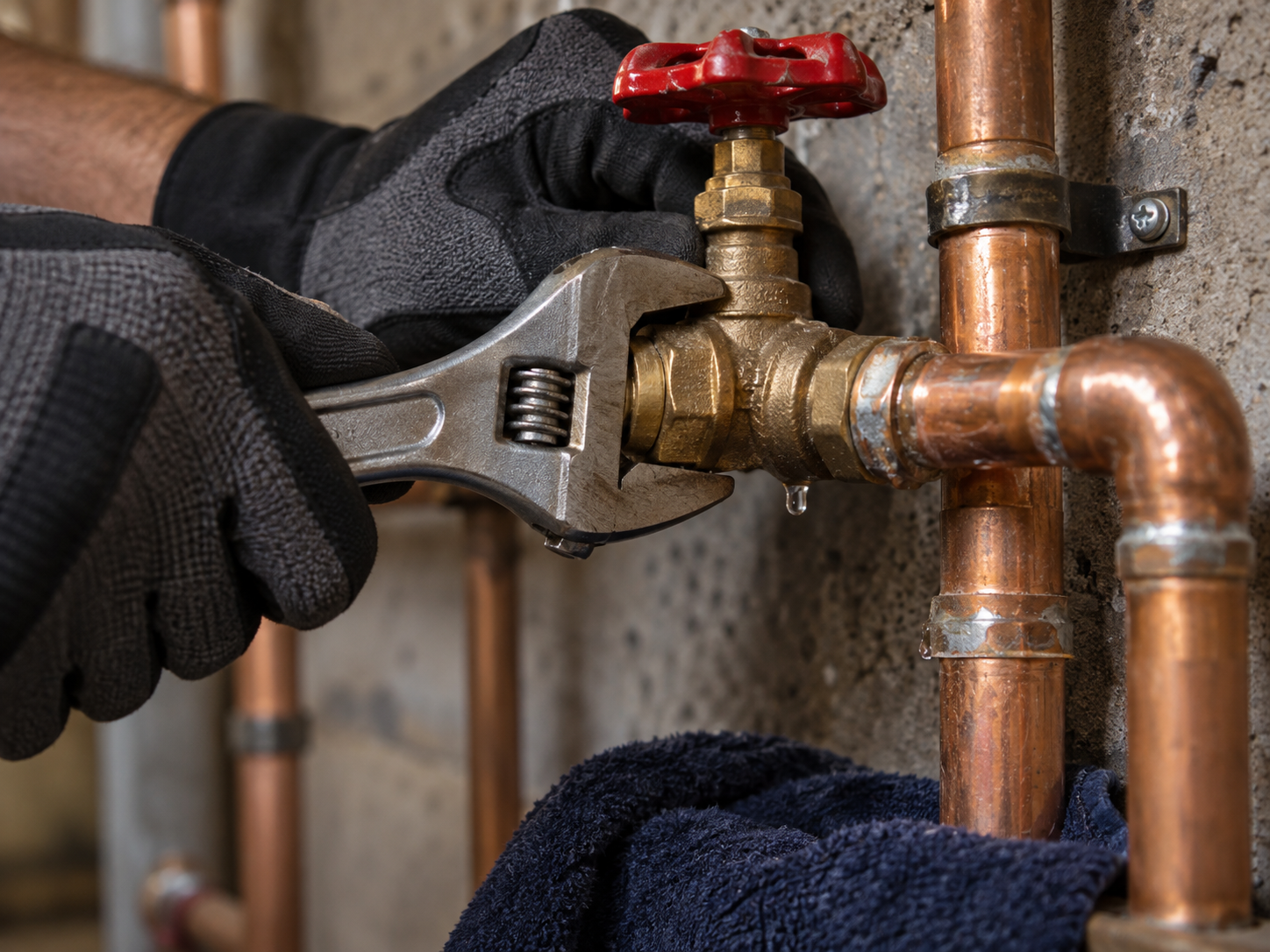 Plumber tightening a valve on copper water pipes