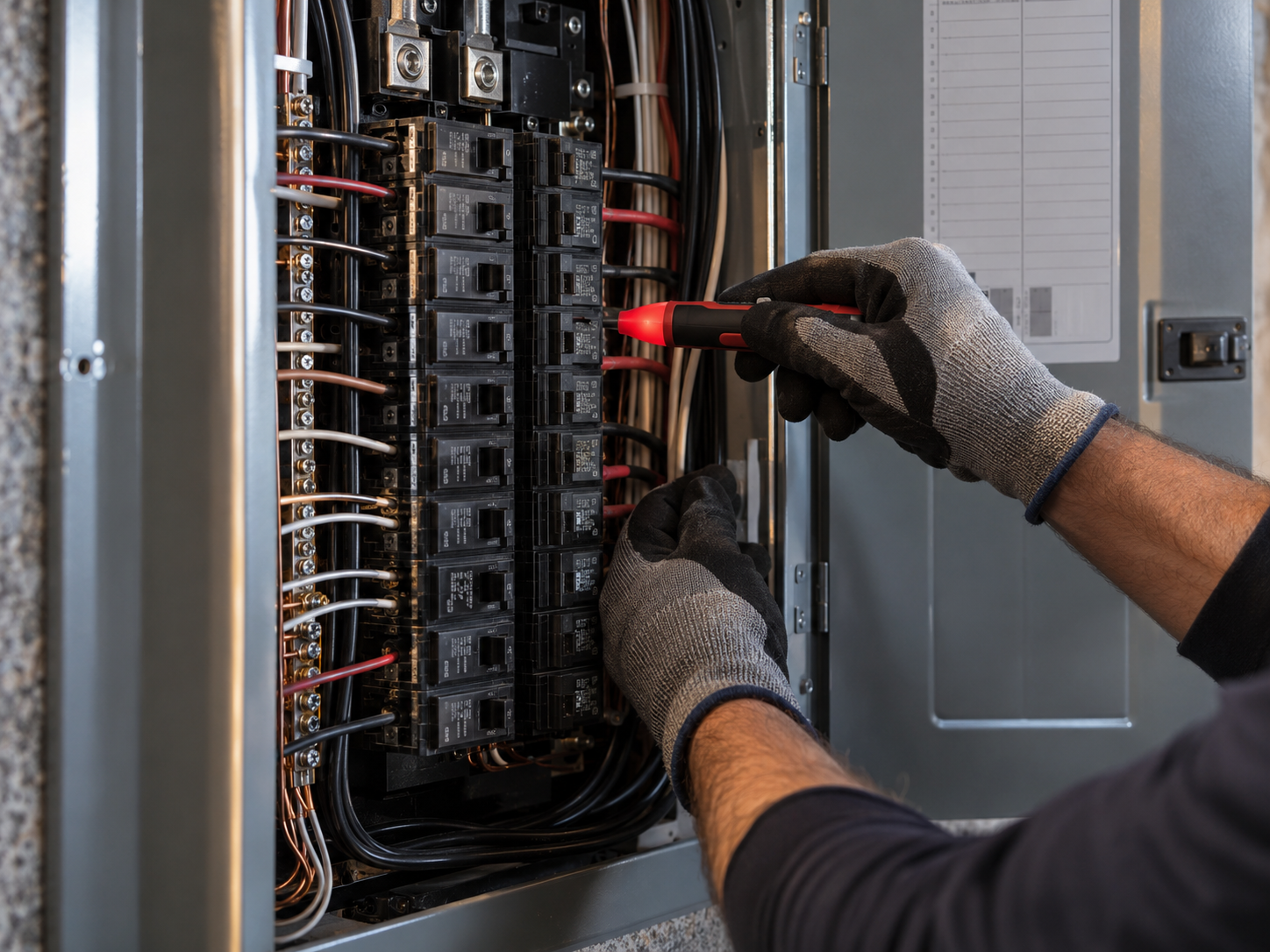 Electrician testing a residential electrical panel