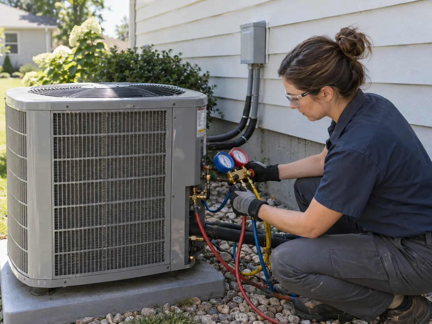 HVAC professional servicing an outdoor air conditioning unit